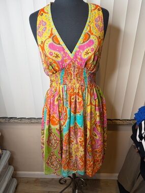 Mixit bright paisley multicolor halter dress smocked waist Resortwear Size 10